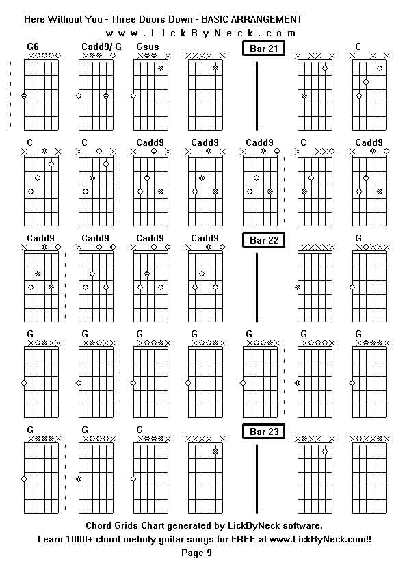 Chord Grids Chart of chord melody fingerstyle guitar song-Here Without You - Three Doors Down - BASIC ARRANGEMENT,generated by LickByNeck software.